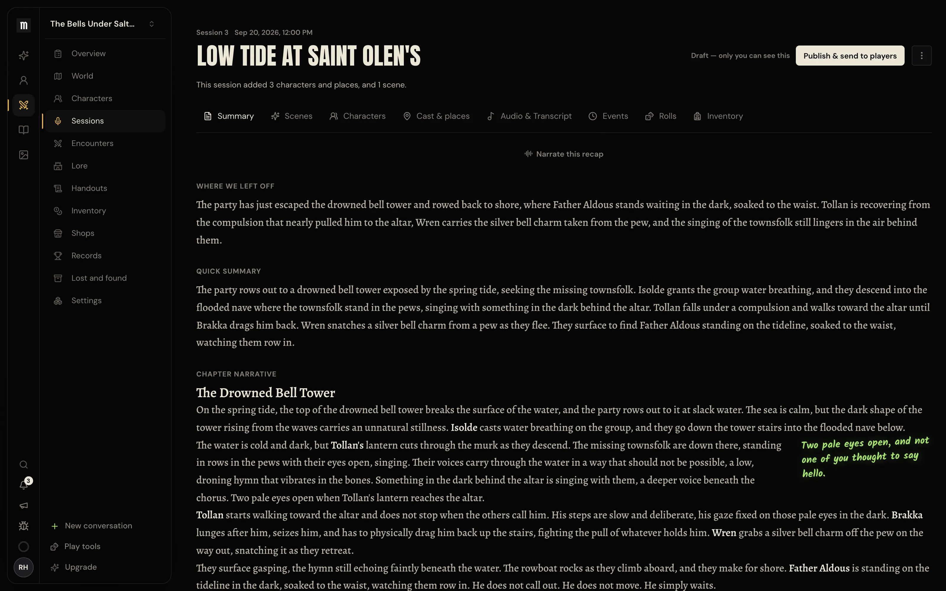 Session 3, Low Tide at Saint Olen's: where we left off, a quick summary and the full story, with the characters, places and scene it filed