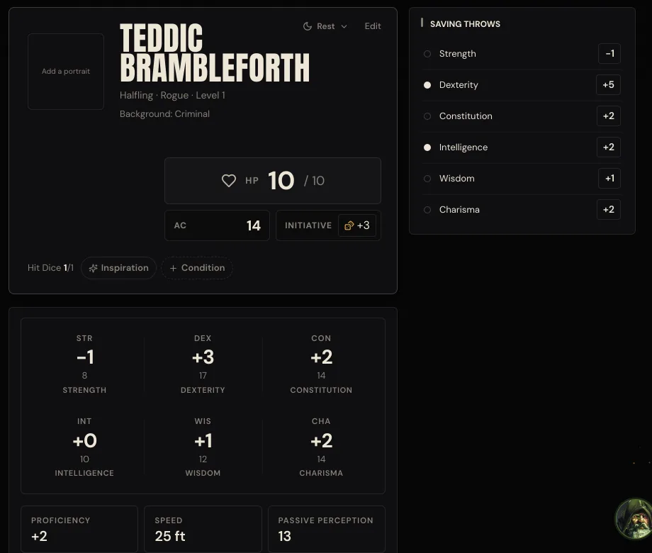 The finished sheet: Teddic Brambleforth, Halfling, Rogue, Level 1, Background Criminal, 10 hit points, AC 14, initiative +3, and the six ability scores with species bonuses added.