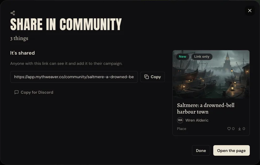 The Share in Community dialog after sharing. It's shared, a link with a Copy button and Copy for Discord, and the listing's card: Saltmere, a drowned-bell harbour town, by Wren Alderic.