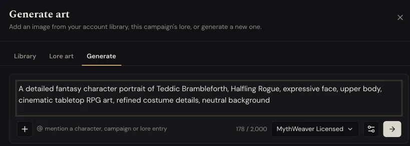 The Generate tab, with the prompt already written from the character sheet, the artist picker set to MythWeaver Licensed, and the gear that holds the rest of the settings.
