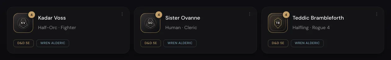 The Hollow Verge roster: Kadar Voss, Sister Ovanne, and the newly imported Teddic Brambleforth, Halfling Rogue 4.