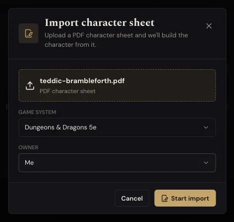 The Import character sheet dialog: a PDF chosen, Game system set to Dungeons and Dragons 5e, Owner set to Me, and a Start import button.