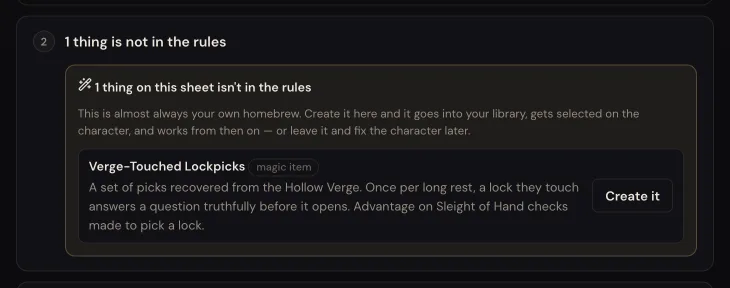 The homebrew step showing one item, Verge-Touched Lockpicks, with a Create it button.