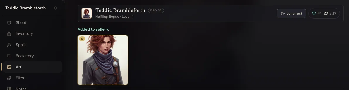 The character summary showing the new image beside the name, and below it the art tile carrying a crown badge.