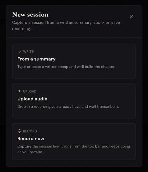 The New session panel offering three choices: From a summary, Upload audio, and Record now.