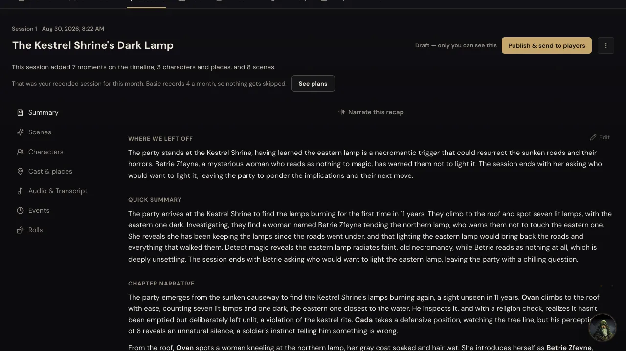 A finished session recap titled The Kestrel Shrine's Dark Lamp, marked as a draft only you can see, with sections for where we left off and a quick summary.