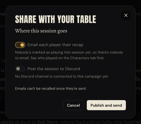 The Share with your table dialog, with switches for emailing each player their recap and posting to Discord, a note that emails can't be recalled, and the Publish and send button.