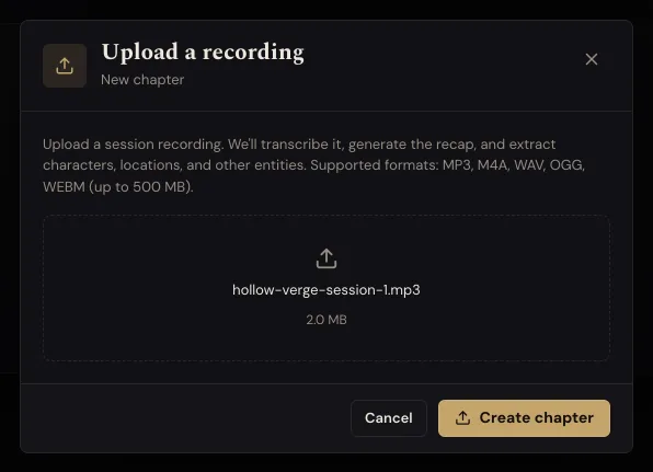 The upload panel with an audio file chosen, showing its name and size above the Create chapter button.
