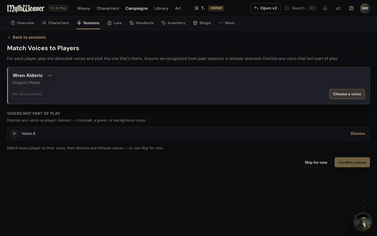 The Match Voices to Players screen, with a player waiting for a voice and a leftover voice offered for dismissal.