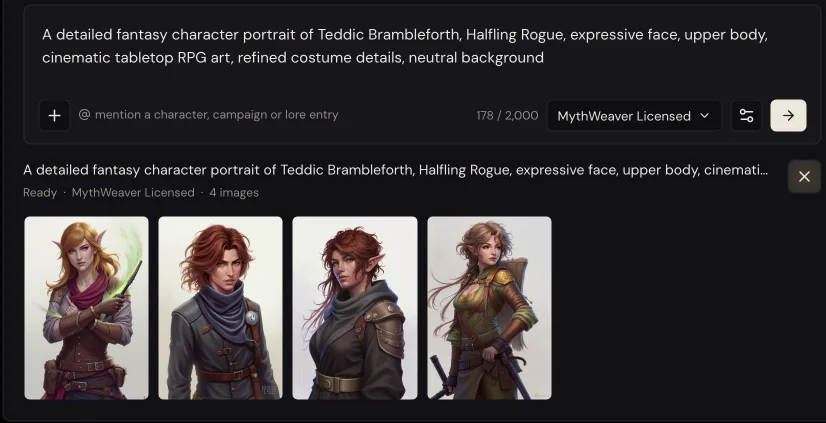 Four generated portraits of the same character side by side, above them the prompt and a line reading Ready, MythWeaver Licensed, 4 images.