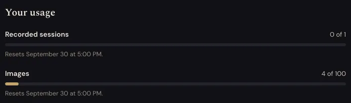 Your usage on the free plan. Recorded sessions reads 0 of 1, and Images reads as a count of images used against the 100 the free plan gives you.