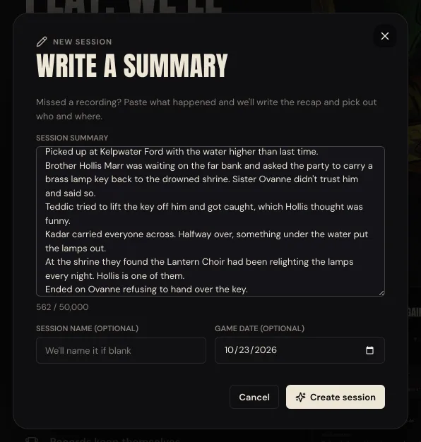 Write a summary, filled in. Six short lines about the night at Kelpwater Ford: Brother Hollis Marr and the brass lamp key, Teddic getting caught, the lamps going out, and the Lantern Choir. Under the box, 562 / 50,000. Session name is left blank and Game date is set to 10/23/2026.