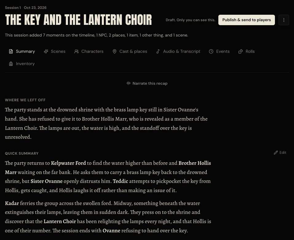 The finished draft. Session 1, Oct 23, 2026, titled The Key and the Lantern Choir, with Draft. Only you can see this and Publish & send to players at the top. A line says the session added 7 moments on the timeline, 1 NPC, 2 places, 1 item, 1 other thing and 1 scene. Below, Where we left off and the Quick summary, with Kelpwater Ford, Brother Hollis Marr, Sister Ovanne, Teddic, Kadar and the Lantern Choir in bold.