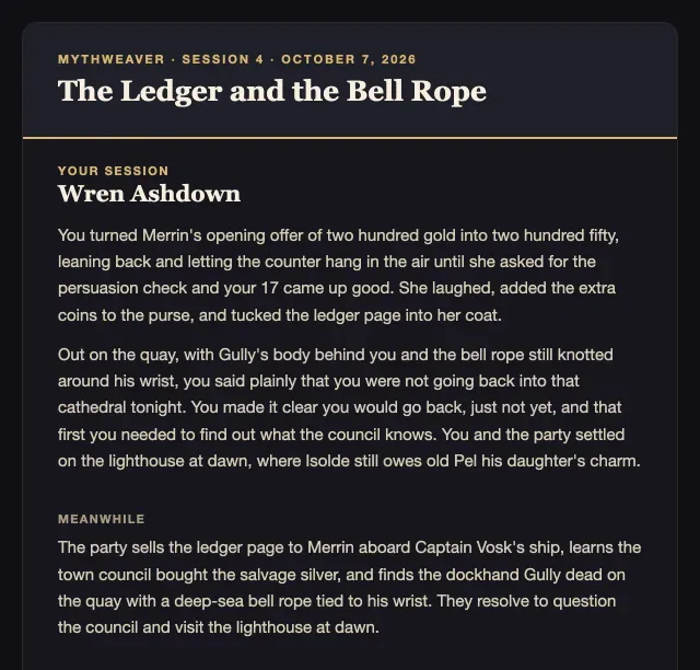Jess's recap email for Session 4, The Ledger and the Bell Rope: a section about her character Wren Ashdown, then Meanwhile, with what the rest of the party did
