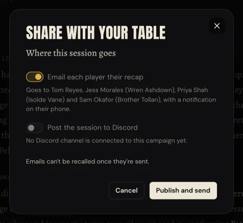 The Share with your table dialog: email each player their recap, naming the four players it goes to, an option to post the session to Discord, and Publish and send